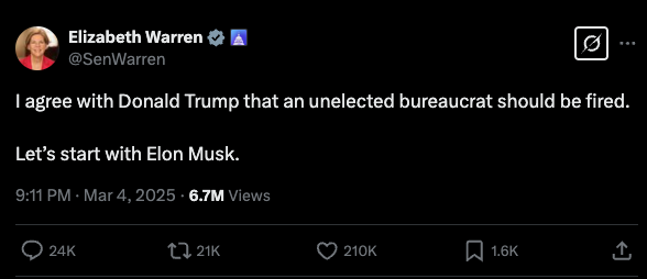 Elizabeth Warren: I agree with Donald Trump that an unelected bureaucrat should be fired. Let’s start with Elon Musk.