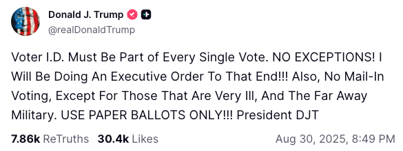 Trump Truth Social post demanding Voter ID restrictions