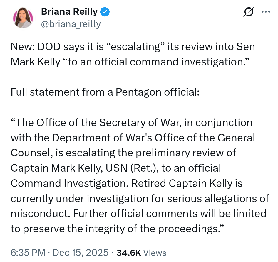 Mark Kelly under official Pentagon investigation